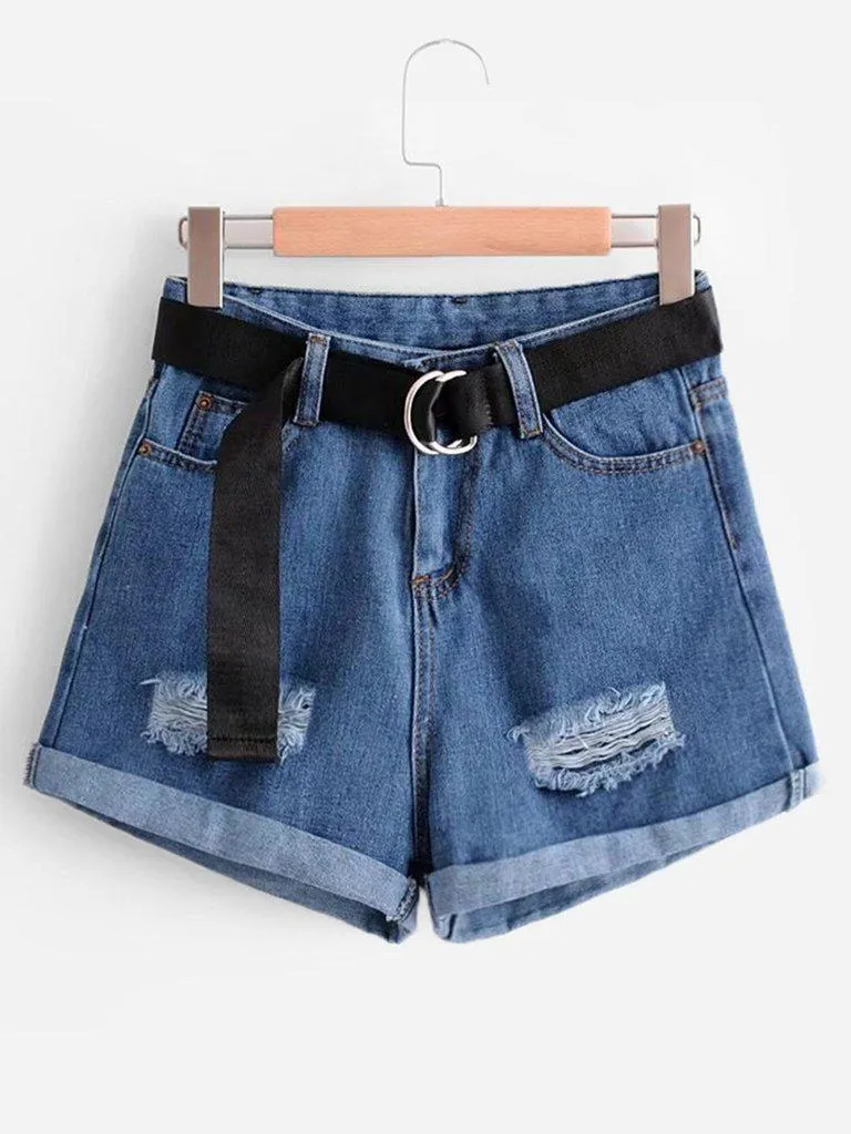 Belted Rolled Hem Denim Shorts