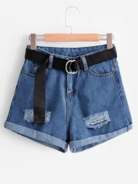 Belted Rolled Hem Denim Shorts