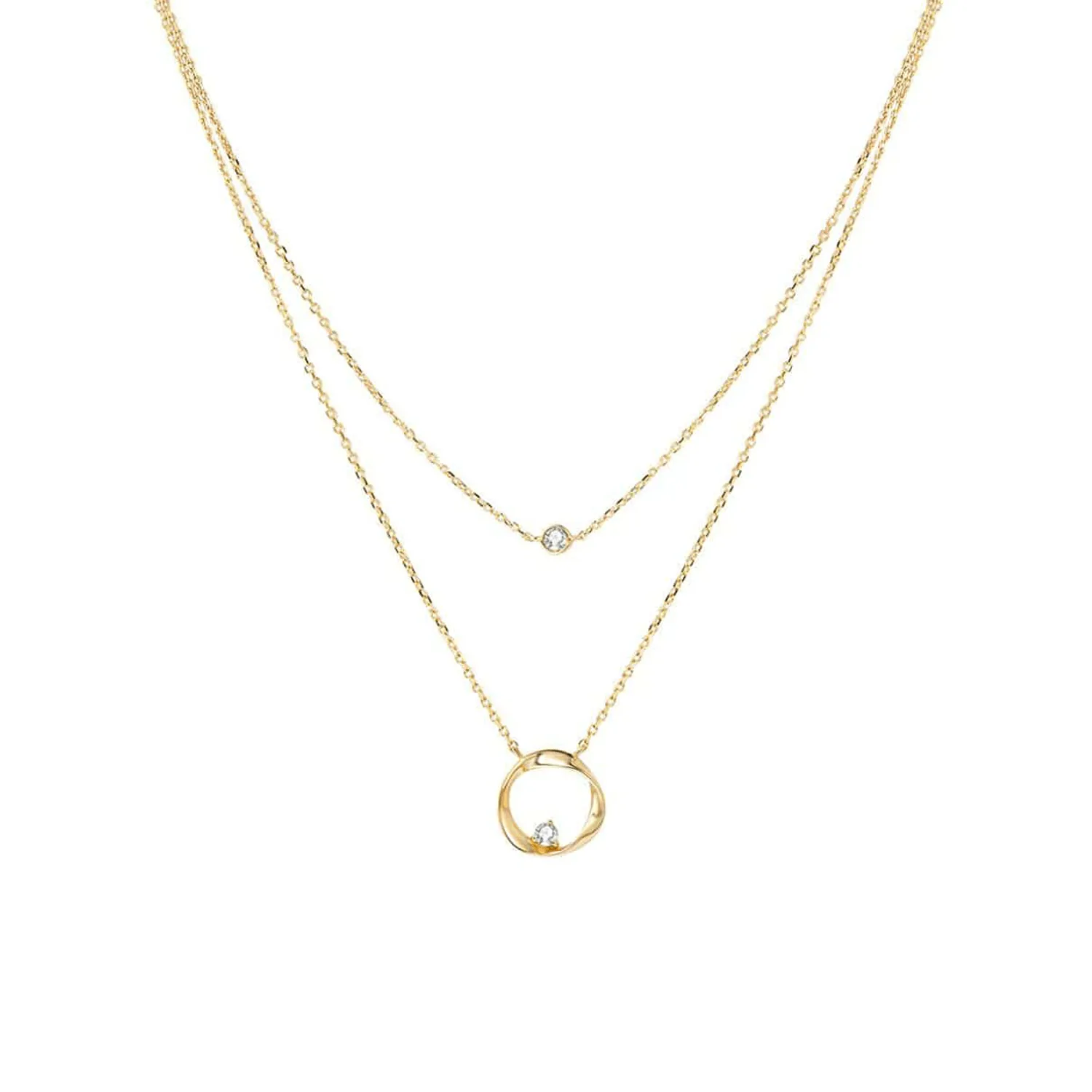 FANCIME Diamond and Circle Layered 14K Yellow Gold Necklace