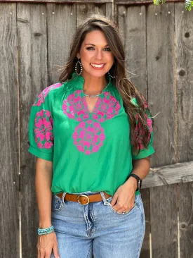 Faye Green with Pink Embroidery Blouse by THML