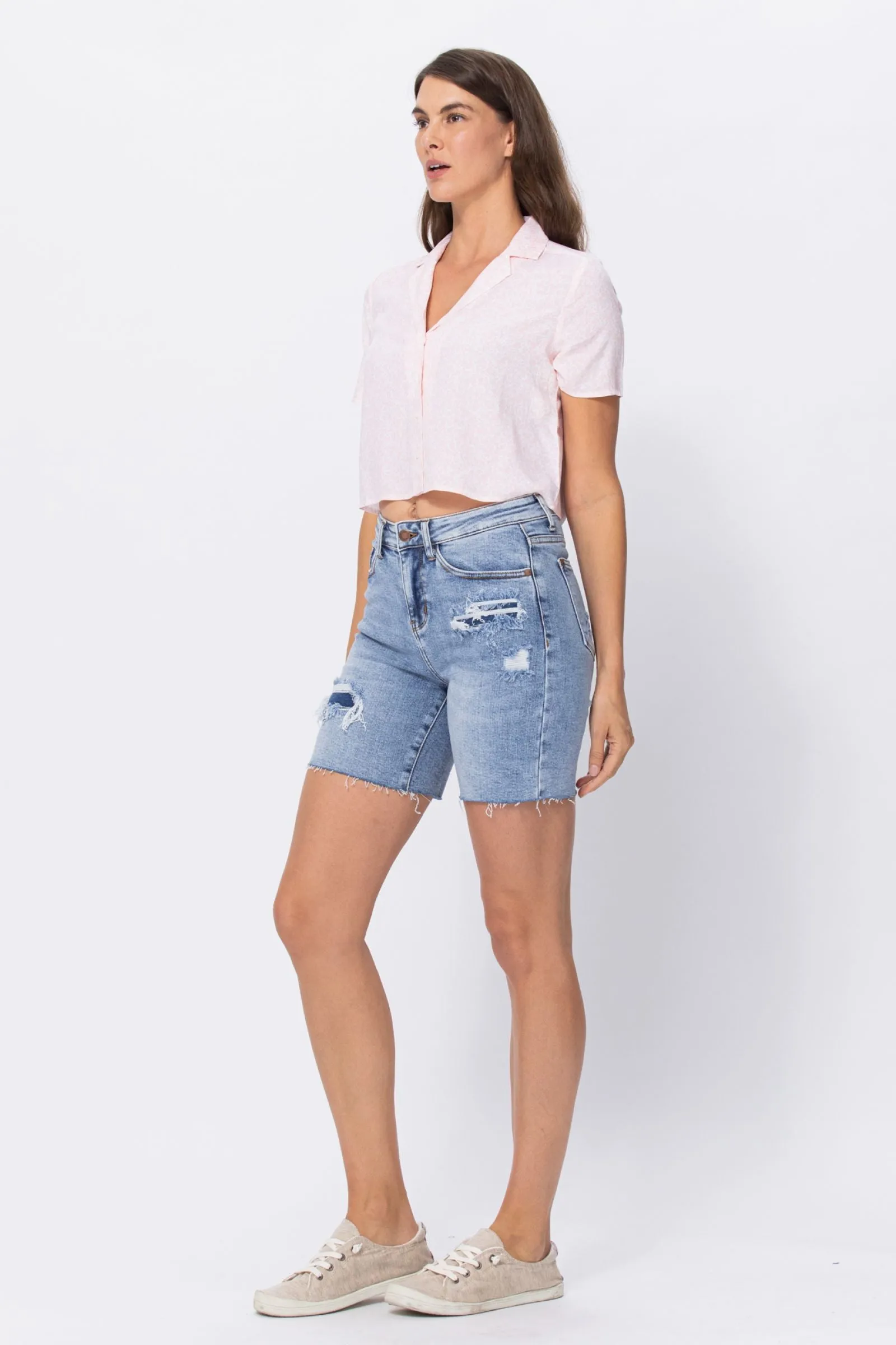 Judy Blue High Waisted Mid Length Denim Patch Shorts