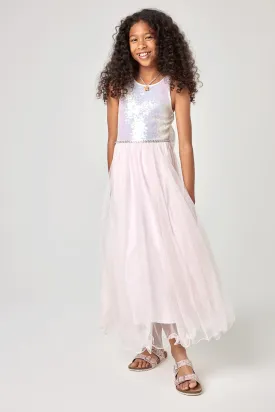 Kids Ivory Sequin Back Bow Midi Dress