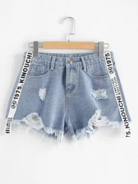 Letter Print Raw Hem Denim Shorts