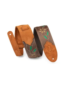 Levy's Flowering Vine Series Brown Leather Guitar Strap w/Yellow Flowers. Adjustable from 47" to 54"