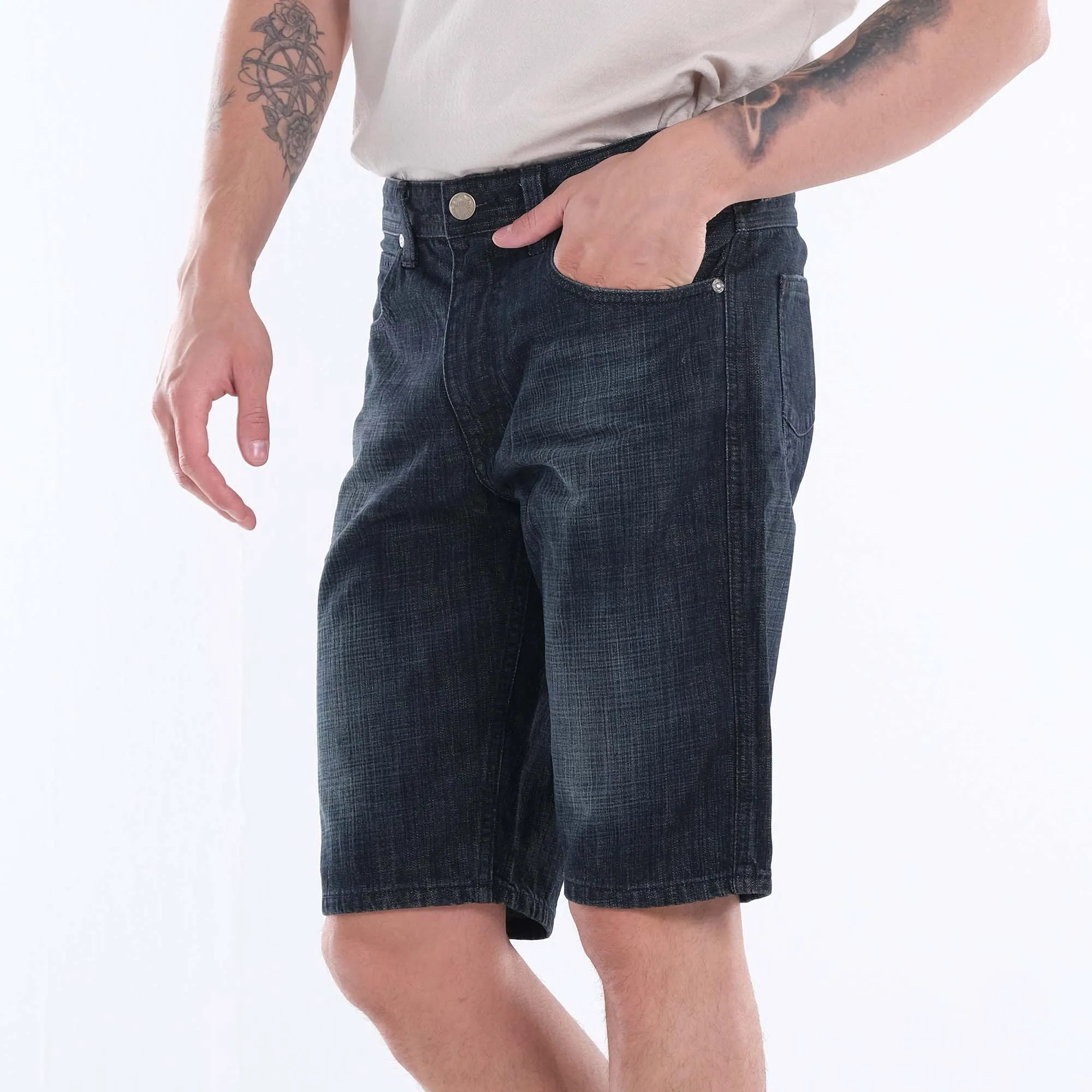 MENS SLIM DENIM SHORTS IN TINTED BLUE