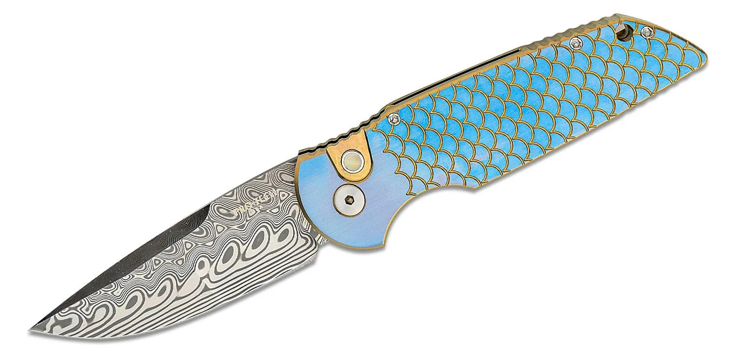 Pro-Tech 2023 TR-3 Custom 001 Damasteel Mike Ire Compound Ground Blade Titanium Fish Scale Handles