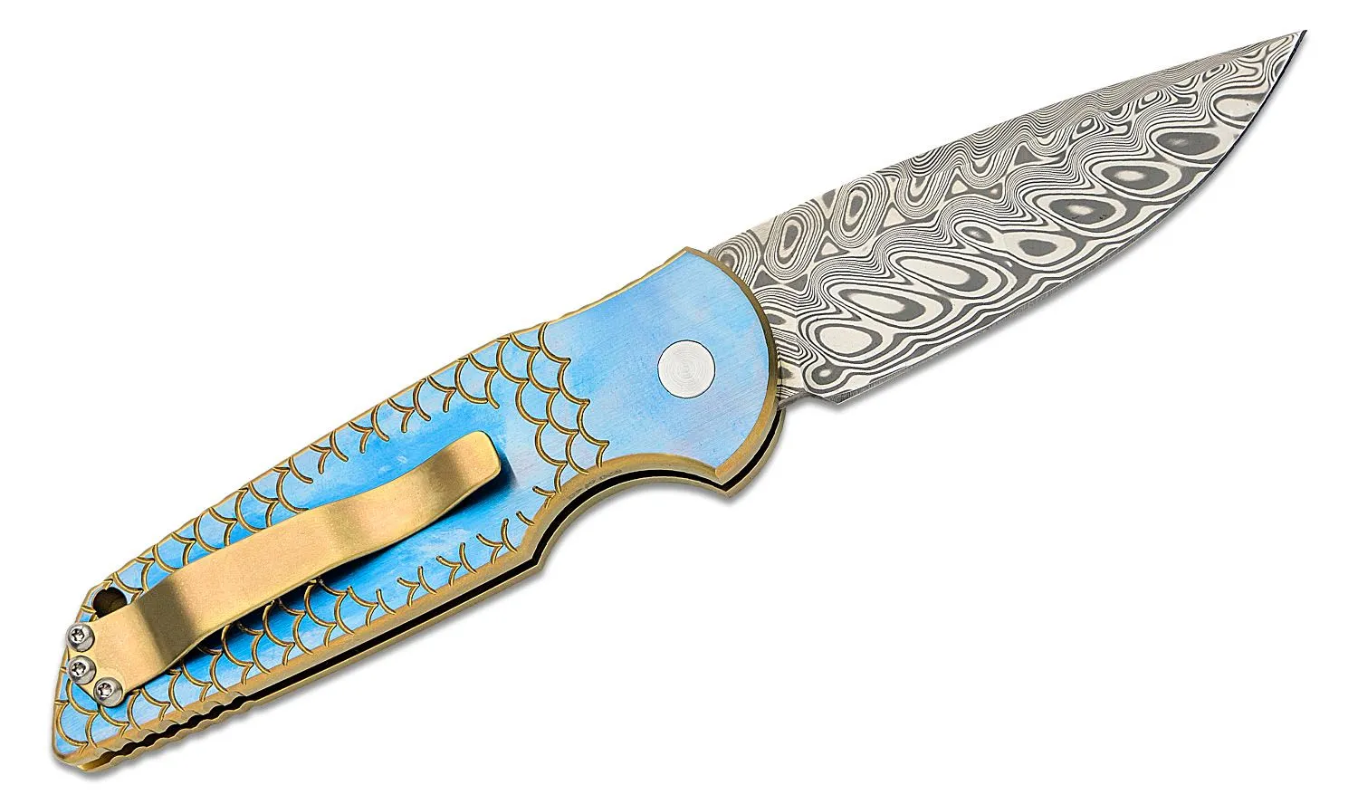 Pro-Tech 2023 TR-3 Custom 001 Damasteel Mike Ire Compound Ground Blade Titanium Fish Scale Handles