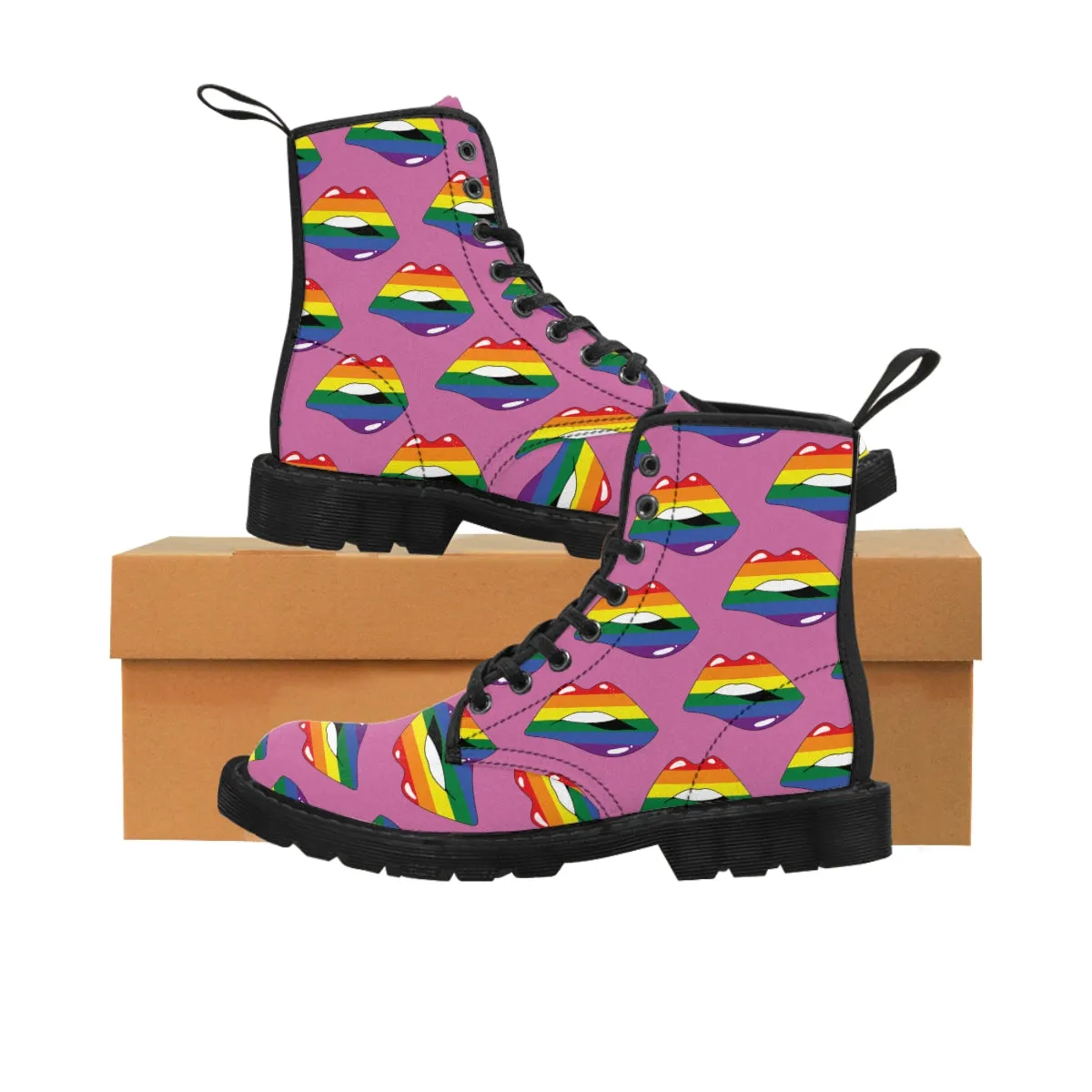 Rainbow Pride Flag Kisses LGBTQ Pink Canvas Boots Unisex Size