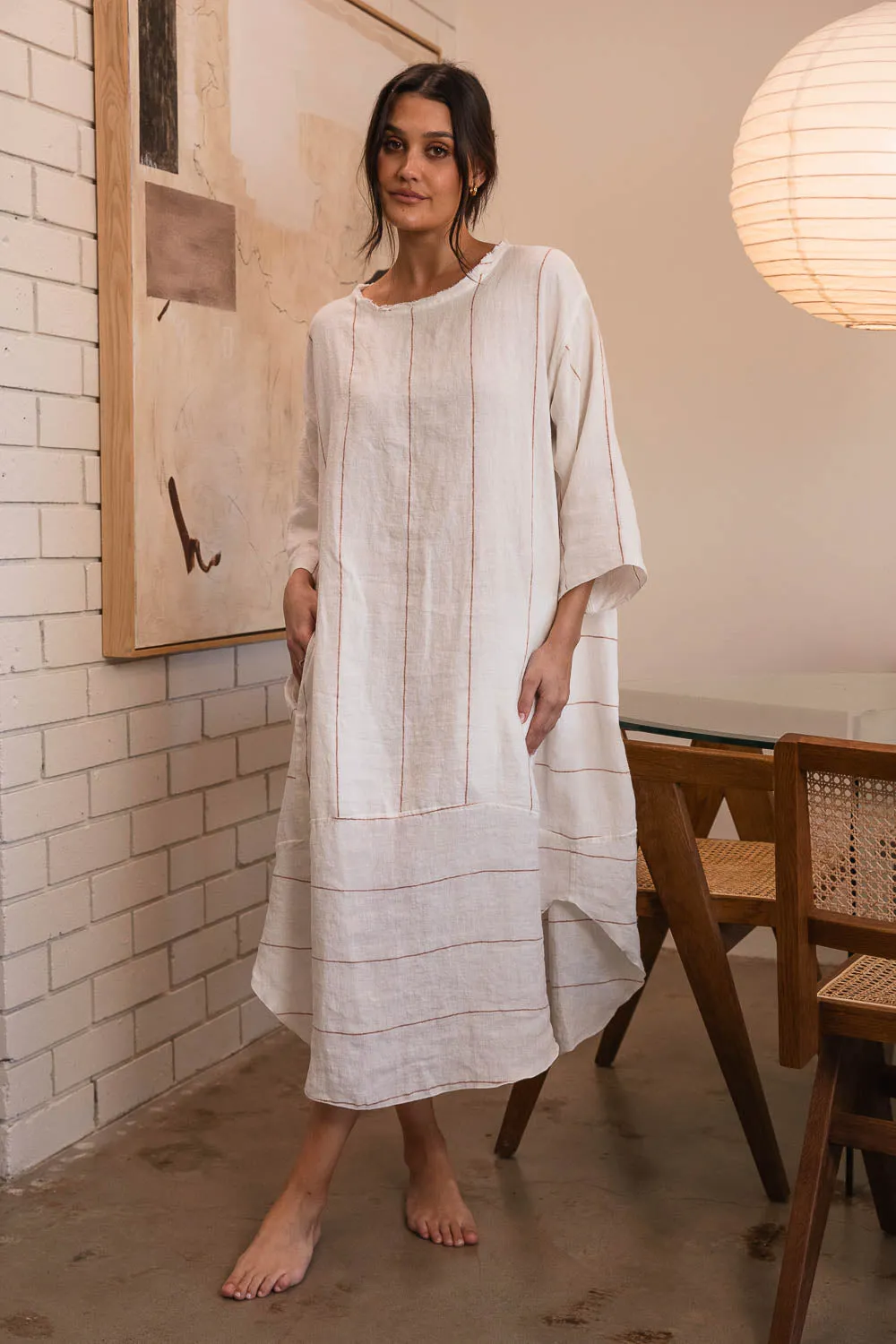 The Carter Malle Linen Dress - Off White w' Nutmeg Fine Stripe