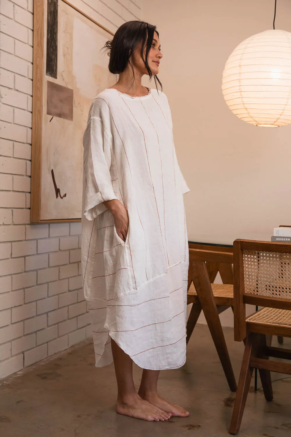 The Carter Malle Linen Dress - Off White w' Nutmeg Fine Stripe