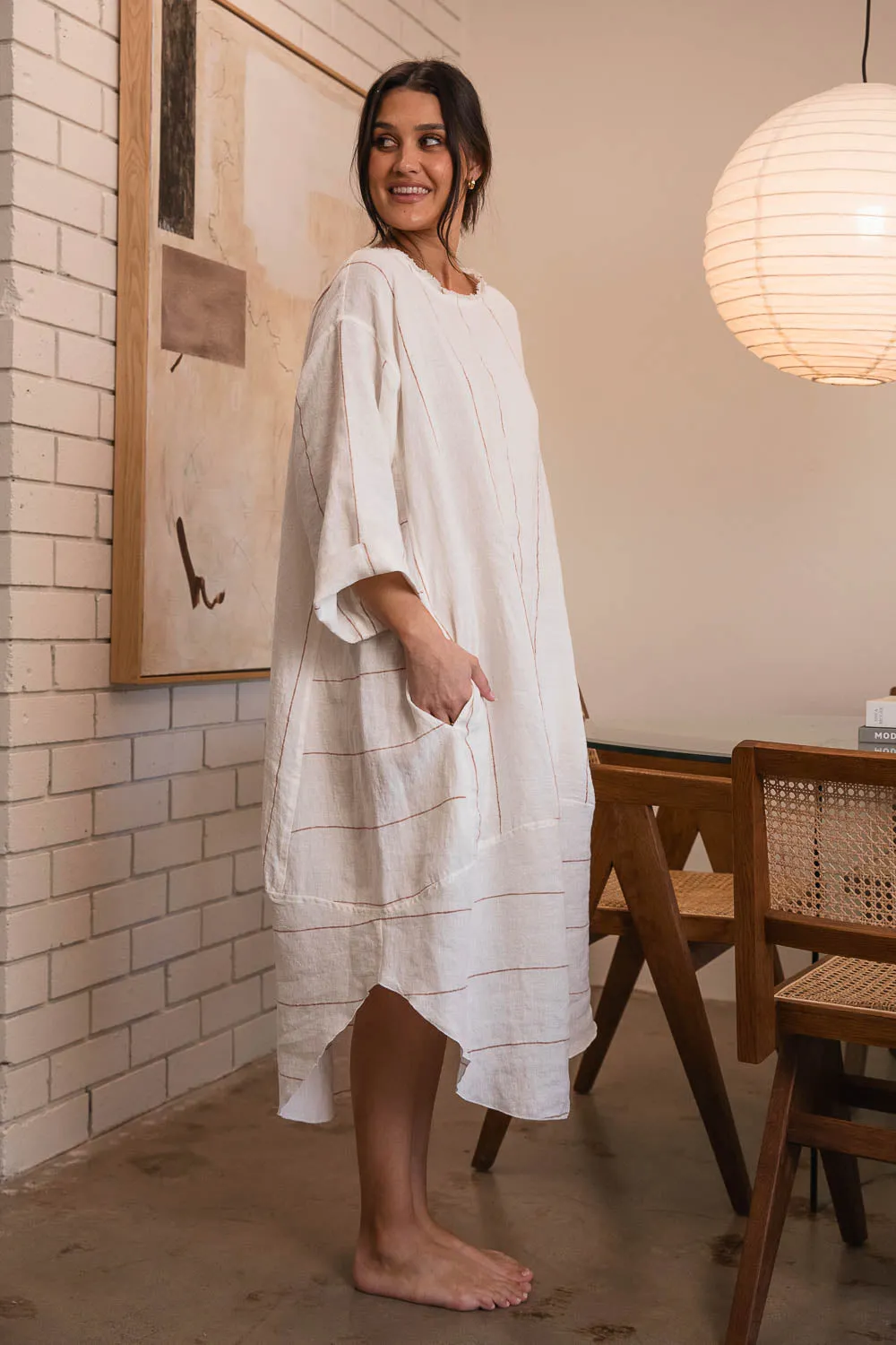 The Carter Malle Linen Dress - Off White w' Nutmeg Fine Stripe