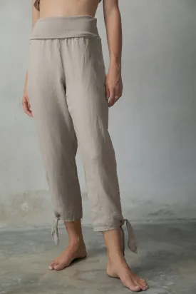 Tie-Knot Linen Capri Pants Oatmeal